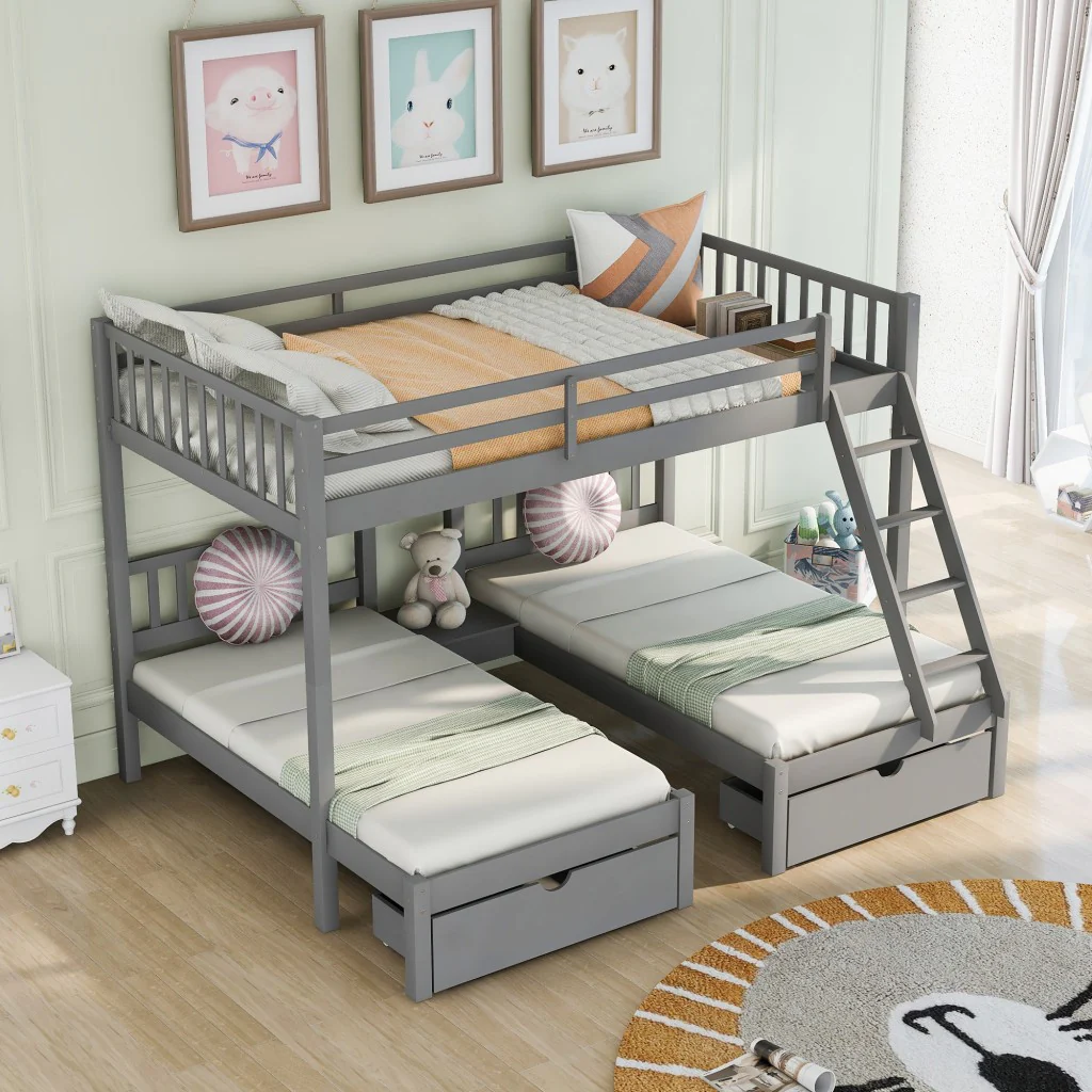 Gray Full Over Double Twin Triple Bunk Beds With Drawers By Homeroots - Image 3