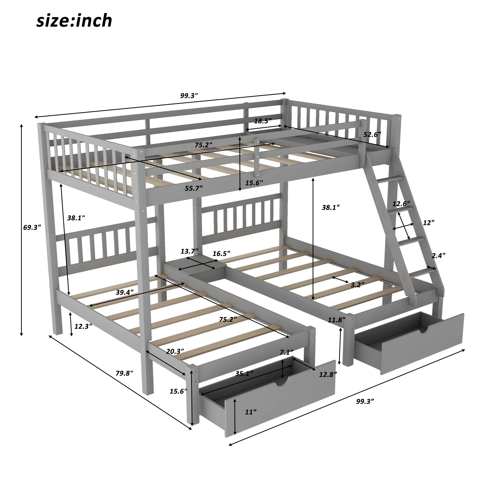 Gray Full Over Double Twin Triple Bunk Beds With Drawers By Homeroots - Image 9