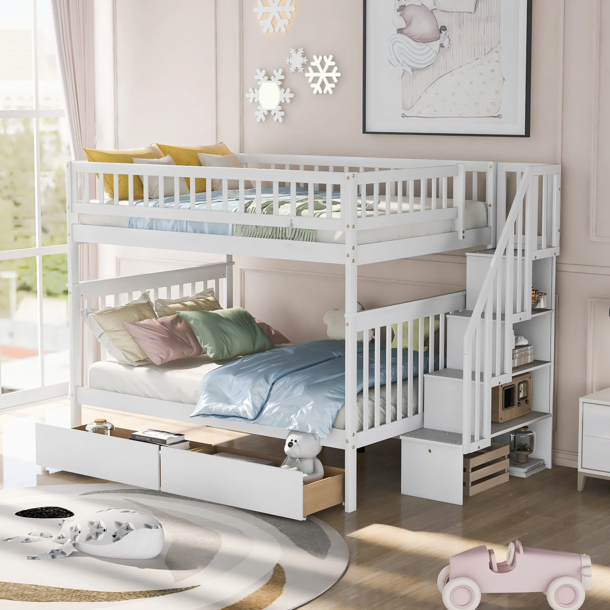 Gray Full Over Full Farmhouse Style Bunk Bed with Storage Staircase By Homeroots - Image 10
