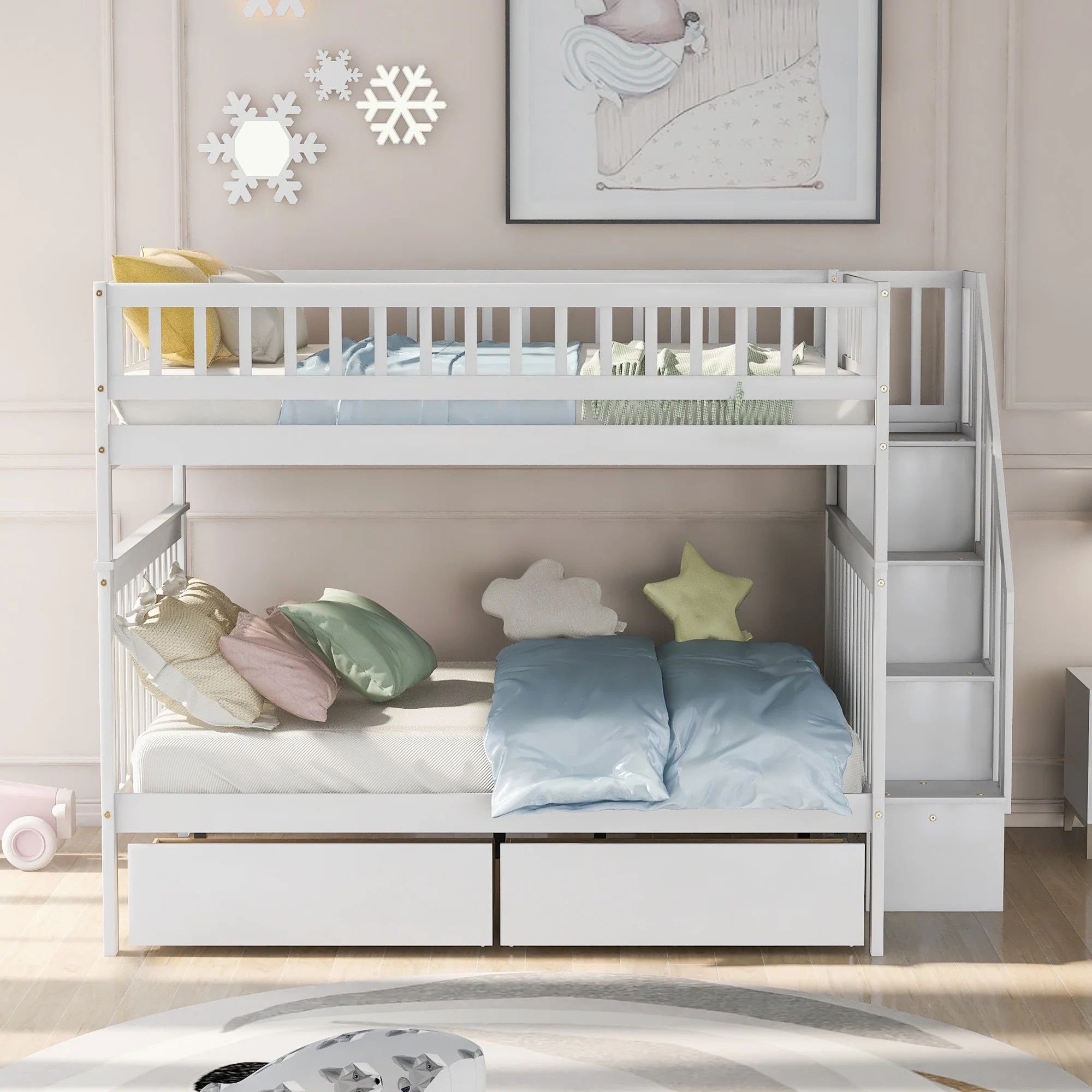 Gray Full Over Full Farmhouse Style Bunk Bed with Storage Staircase By Homeroots - Image 12