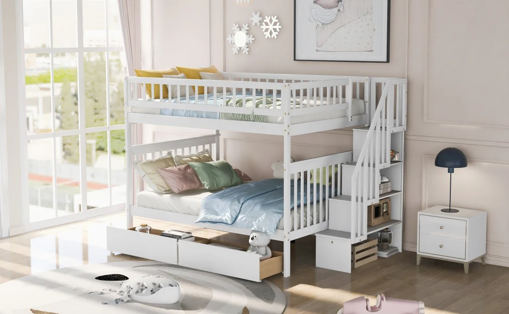 Gray Full Over Full Farmhouse Style Bunk Bed with Storage Staircase By Homeroots - Image 14