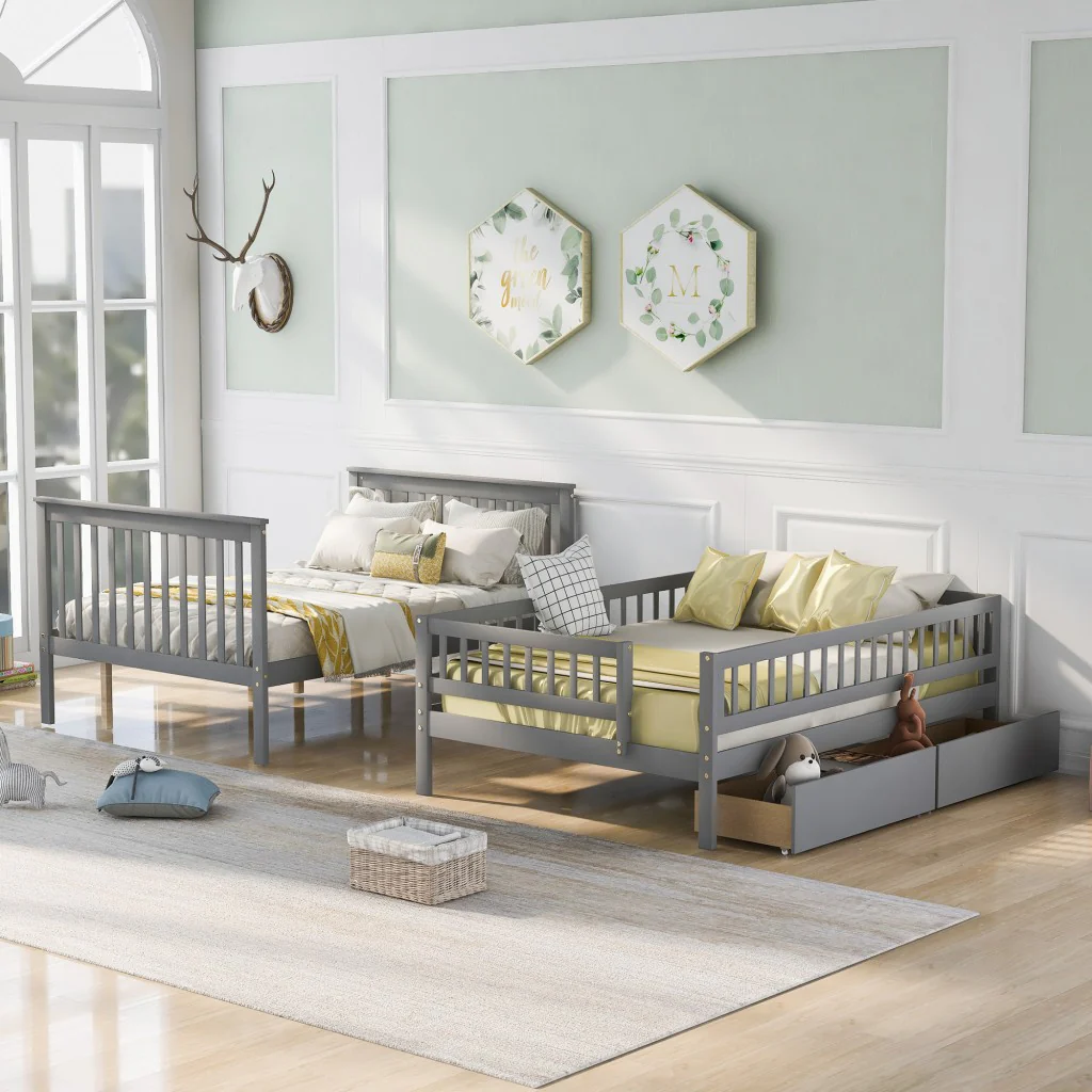 Gray Full Over Full Farmhouse Style Bunk Bed with Storage Staircase By Homeroots - Image 2