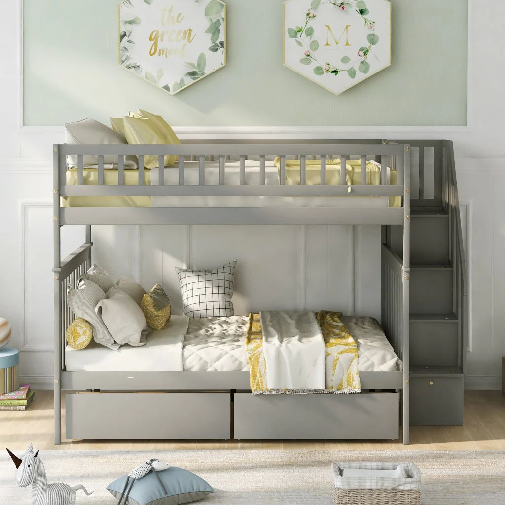 Gray Full Over Full Farmhouse Style Bunk Bed with Storage Staircase By Homeroots - Image 3