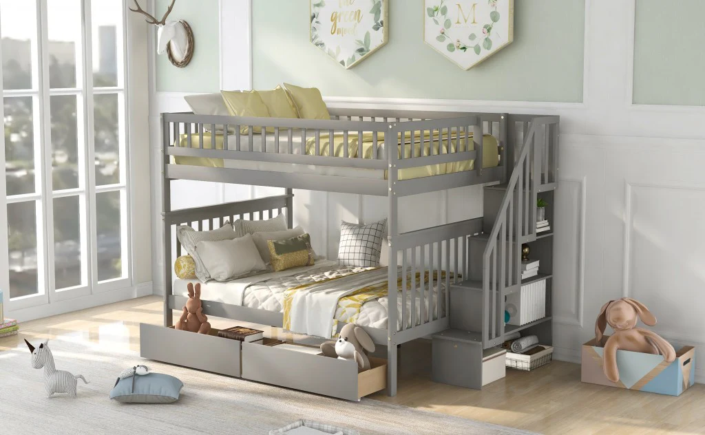 Gray Full Over Full Farmhouse Style Bunk Bed with Storage Staircase By Homeroots - Image 4