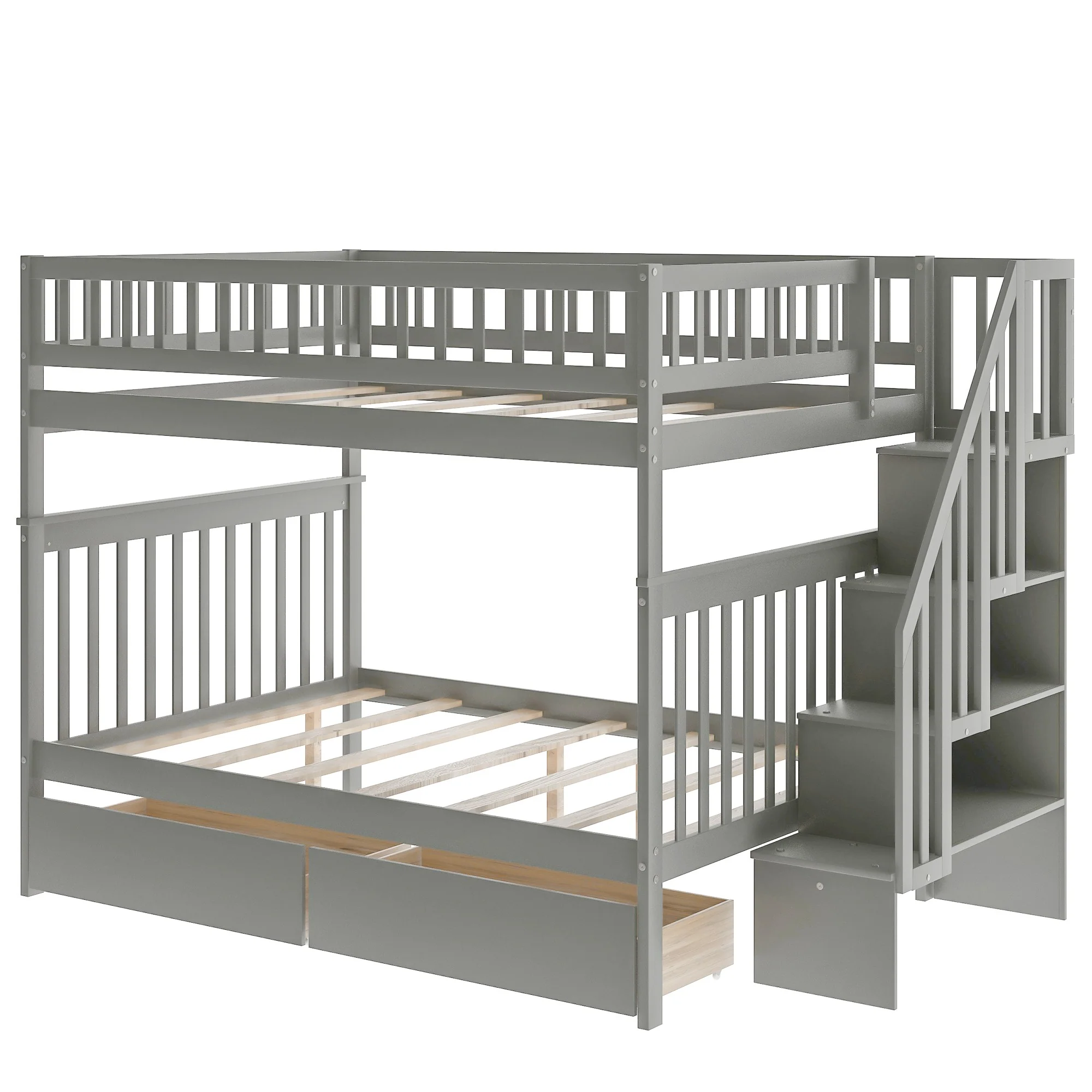 Gray Full Over Full Farmhouse Style Bunk Bed with Storage Staircase By Homeroots - Image 6