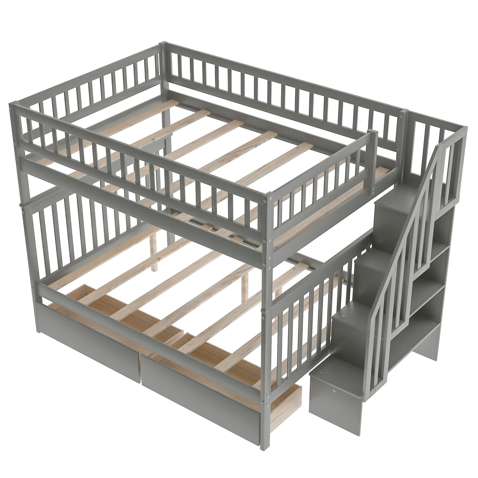 Gray Full Over Full Farmhouse Style Bunk Bed with Storage Staircase By Homeroots - Image 8