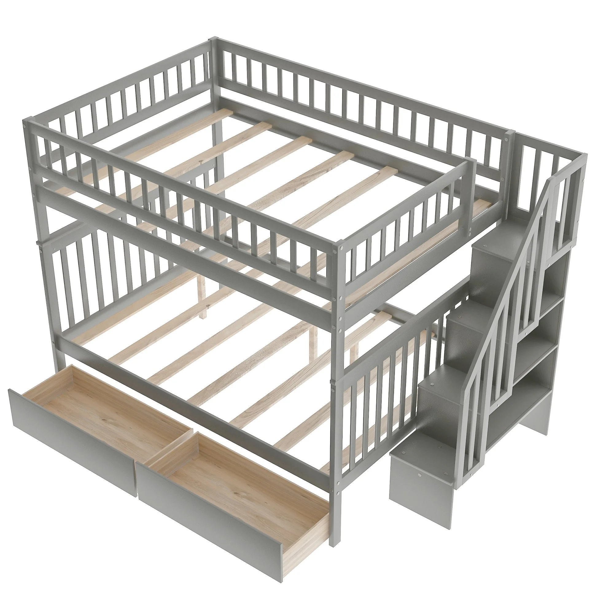 Gray Full Over Full Farmhouse Style Bunk Bed with Storage Staircase By Homeroots - Image 9