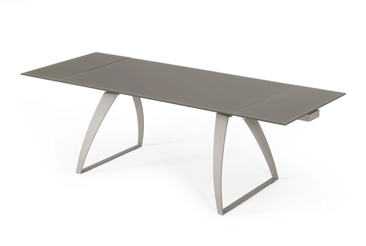 Gray Glass And Metal Self-Storing Leaf Sled Base Dining Table By Homeroots - Image 5