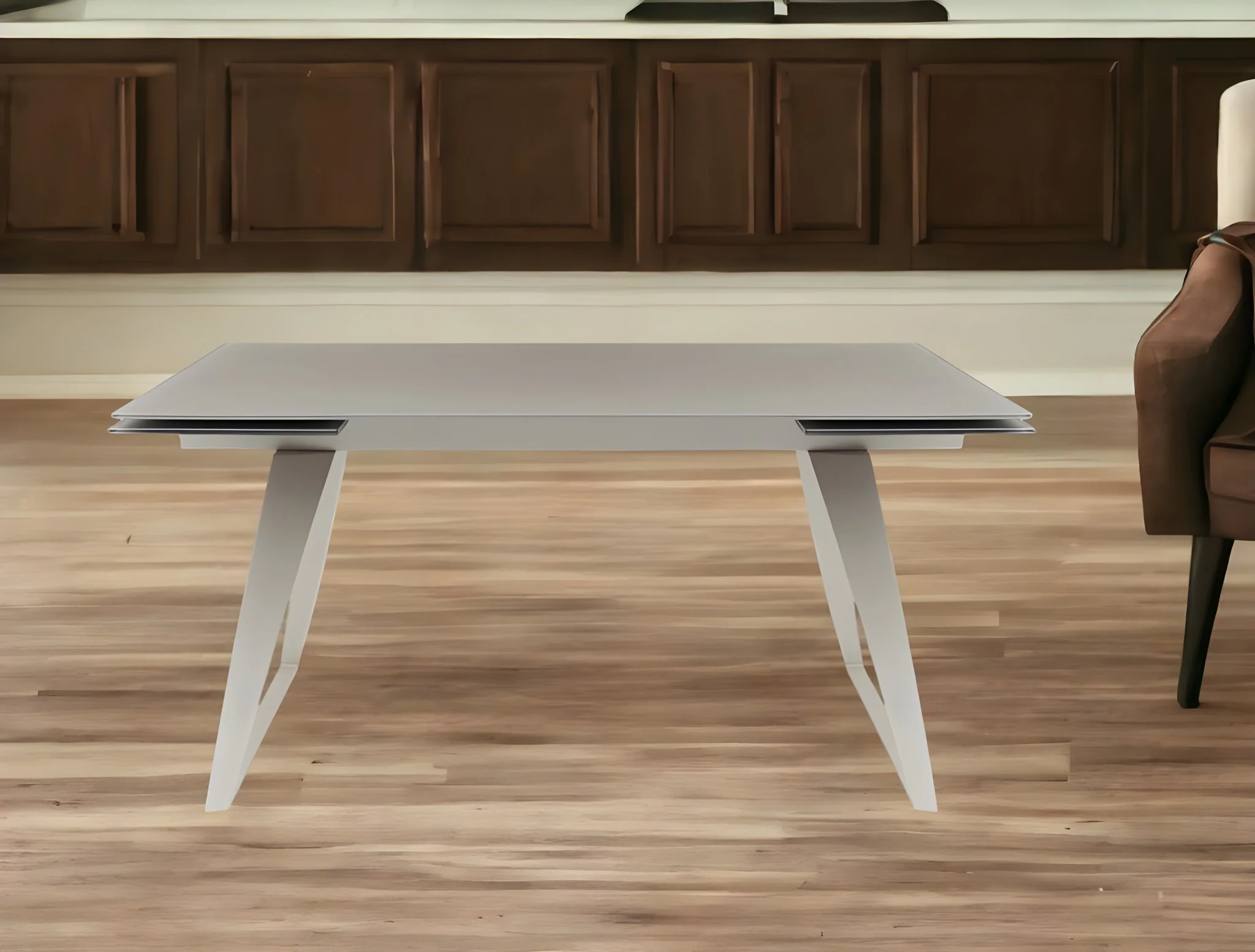 Gray Glass And Metal Self-Storing Leaf Sled Base Dining Table By Homeroots - Image 8