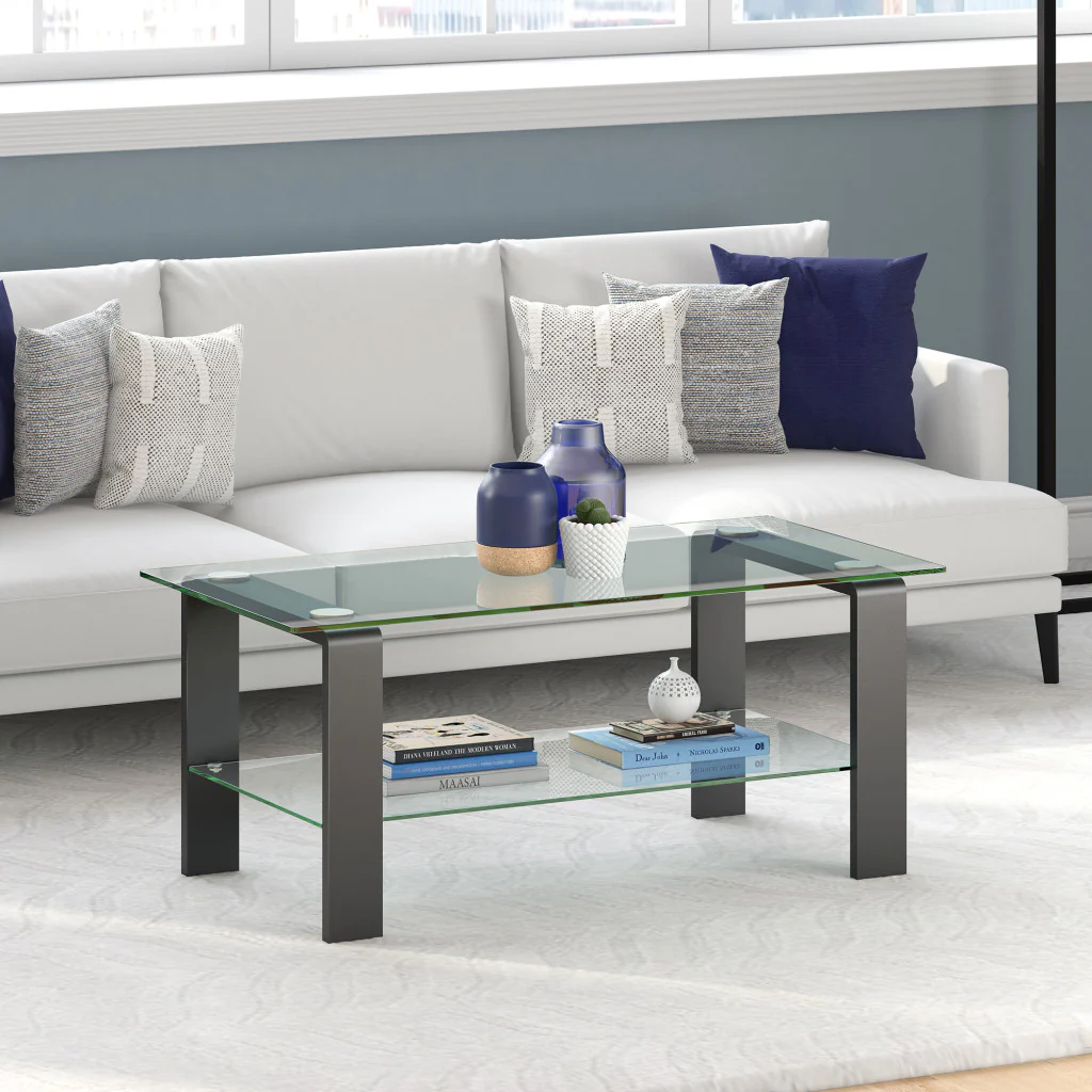 Gray Glass And Steel Coffee Table With Shelf By Homeroots - Image 5