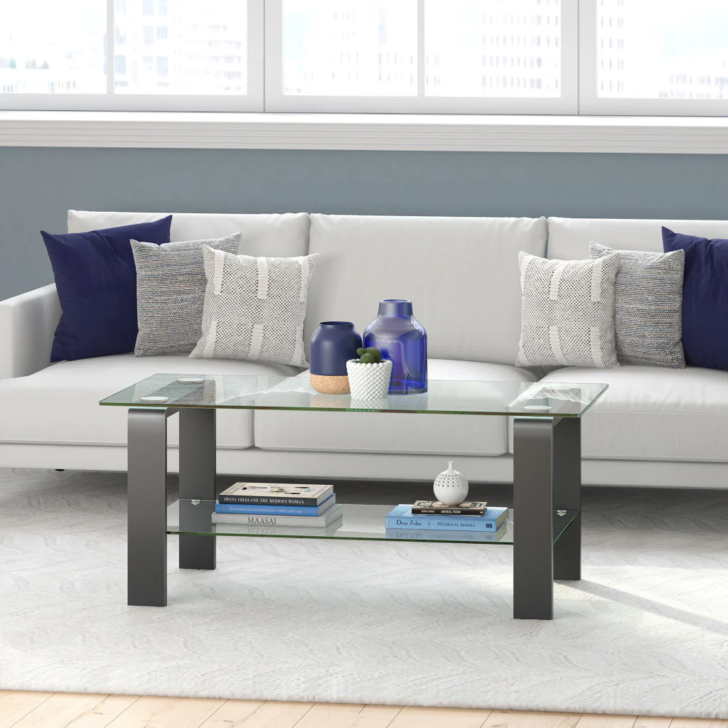 Gray Glass And Steel Coffee Table With Shelf By Homeroots - Image 6