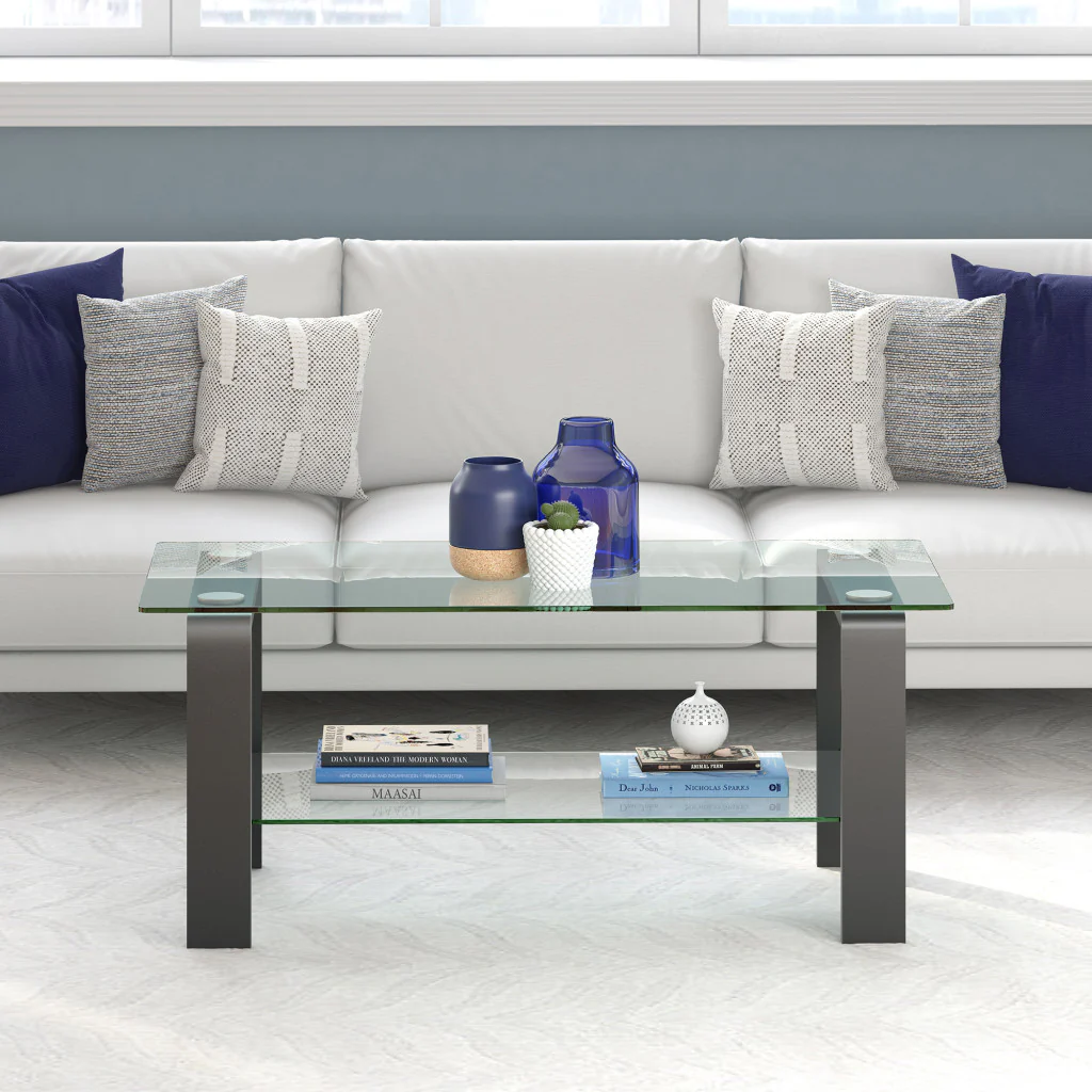 Gray Glass And Steel Coffee Table With Shelf By Homeroots - Image 8