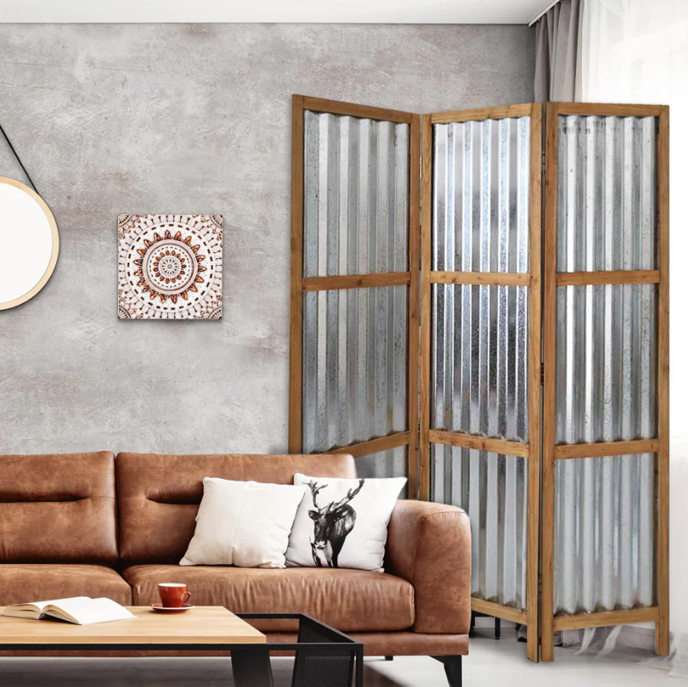 Gray Industrial Galvanized Metal Three Panel Room Divider Screen By Homeroots - Image 3