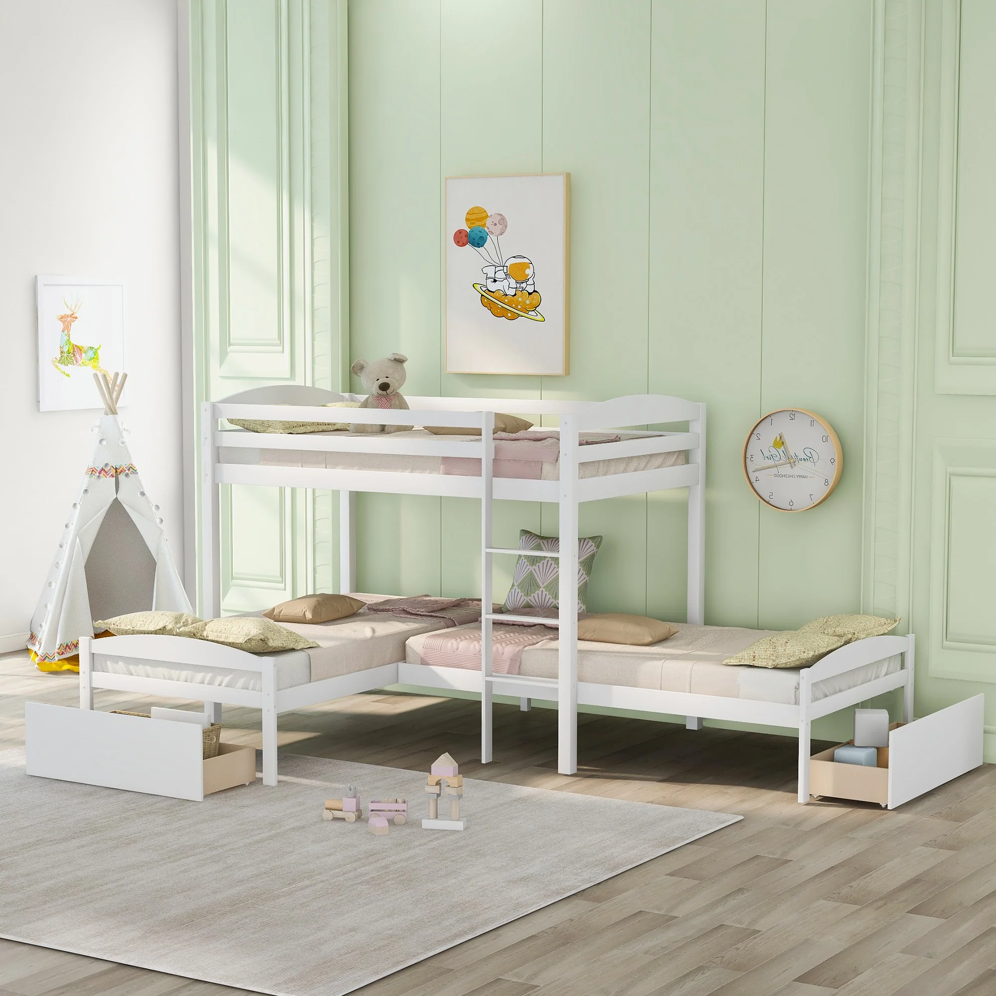 Gray L Shaped Triple Bunk Bed With Drawers By Homeroots - Image 10