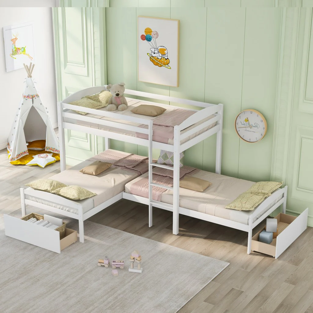 Gray L Shaped Triple Bunk Bed With Drawers By Homeroots - Image 11