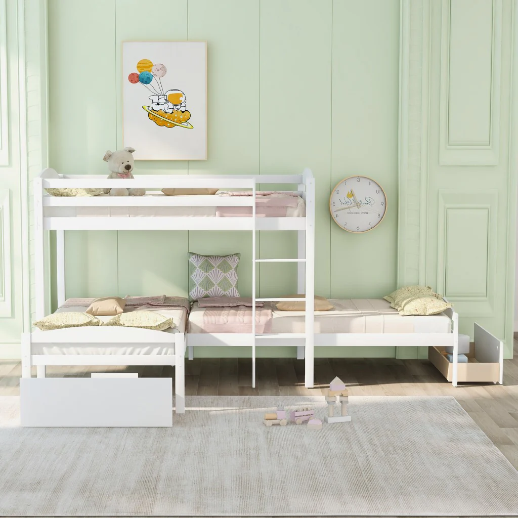 Gray L Shaped Triple Bunk Bed With Drawers By Homeroots - Image 12