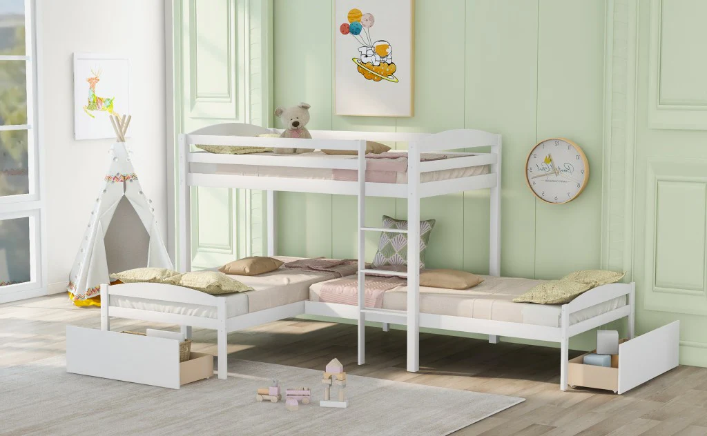 Gray L Shaped Triple Bunk Bed With Drawers By Homeroots - Image 13