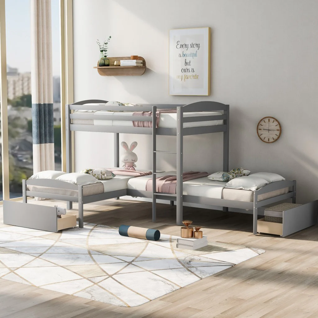 Gray L Shaped Triple Bunk Bed With Drawers By Homeroots - Image 2