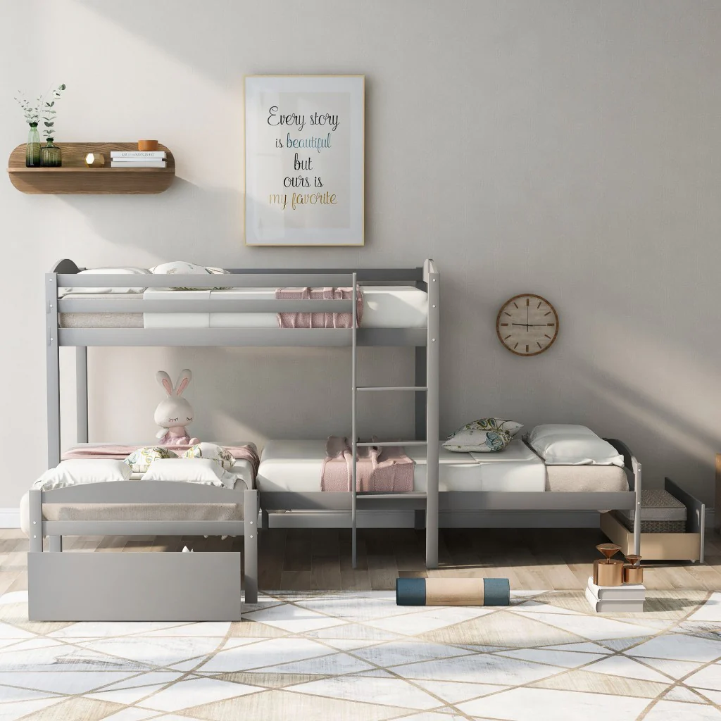 Gray L Shaped Triple Bunk Bed With Drawers By Homeroots - Image 3