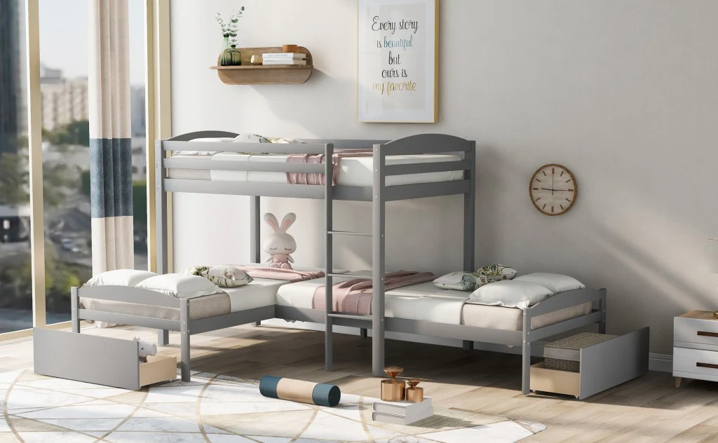 Gray L Shaped Triple Bunk Bed With Drawers By Homeroots - Image 4