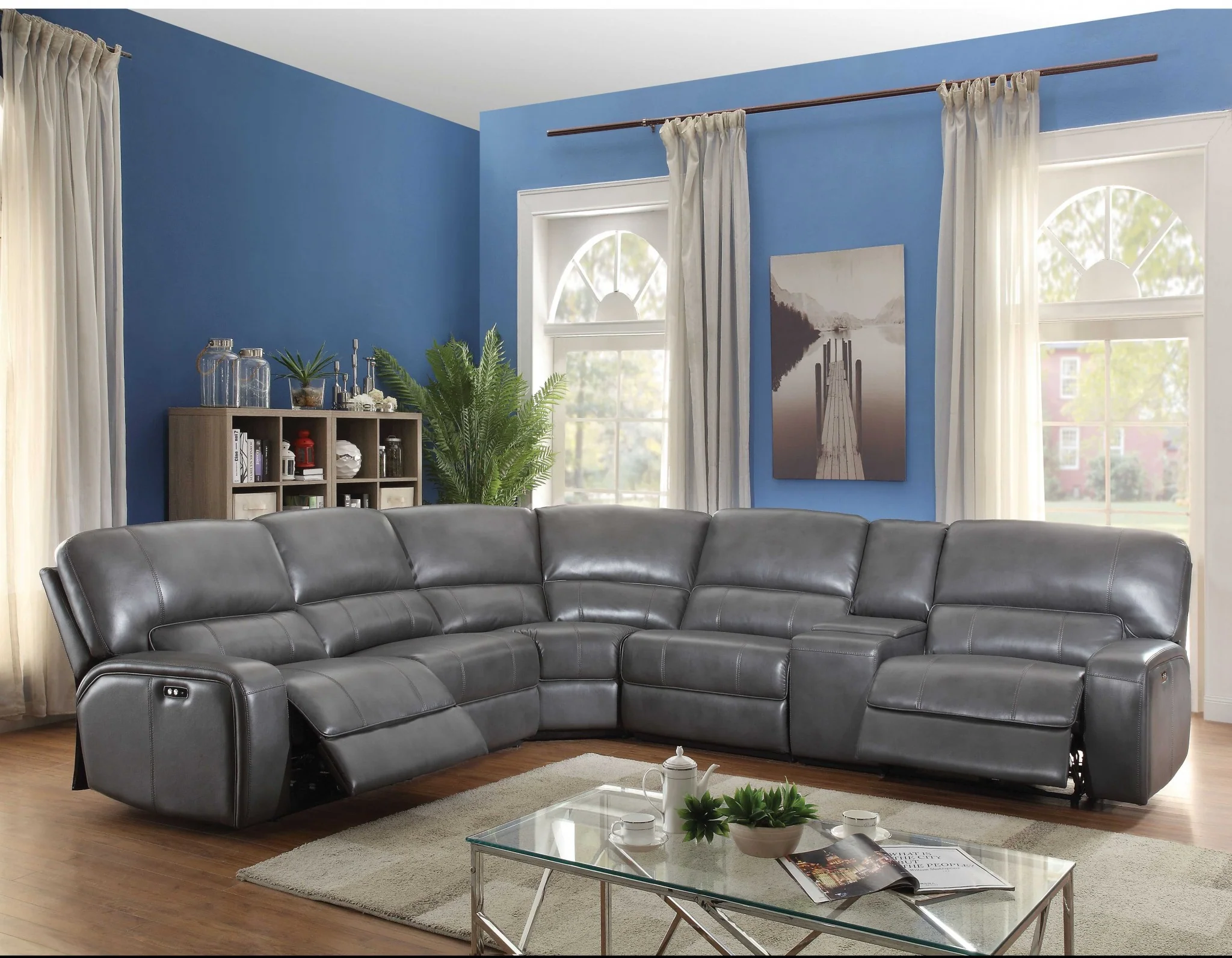 Gray Leather-Aire Upholstery Metal Reclining Mechanism Sectional Sofa (Power MotionUSB Dock) By Homeroots - Image 2