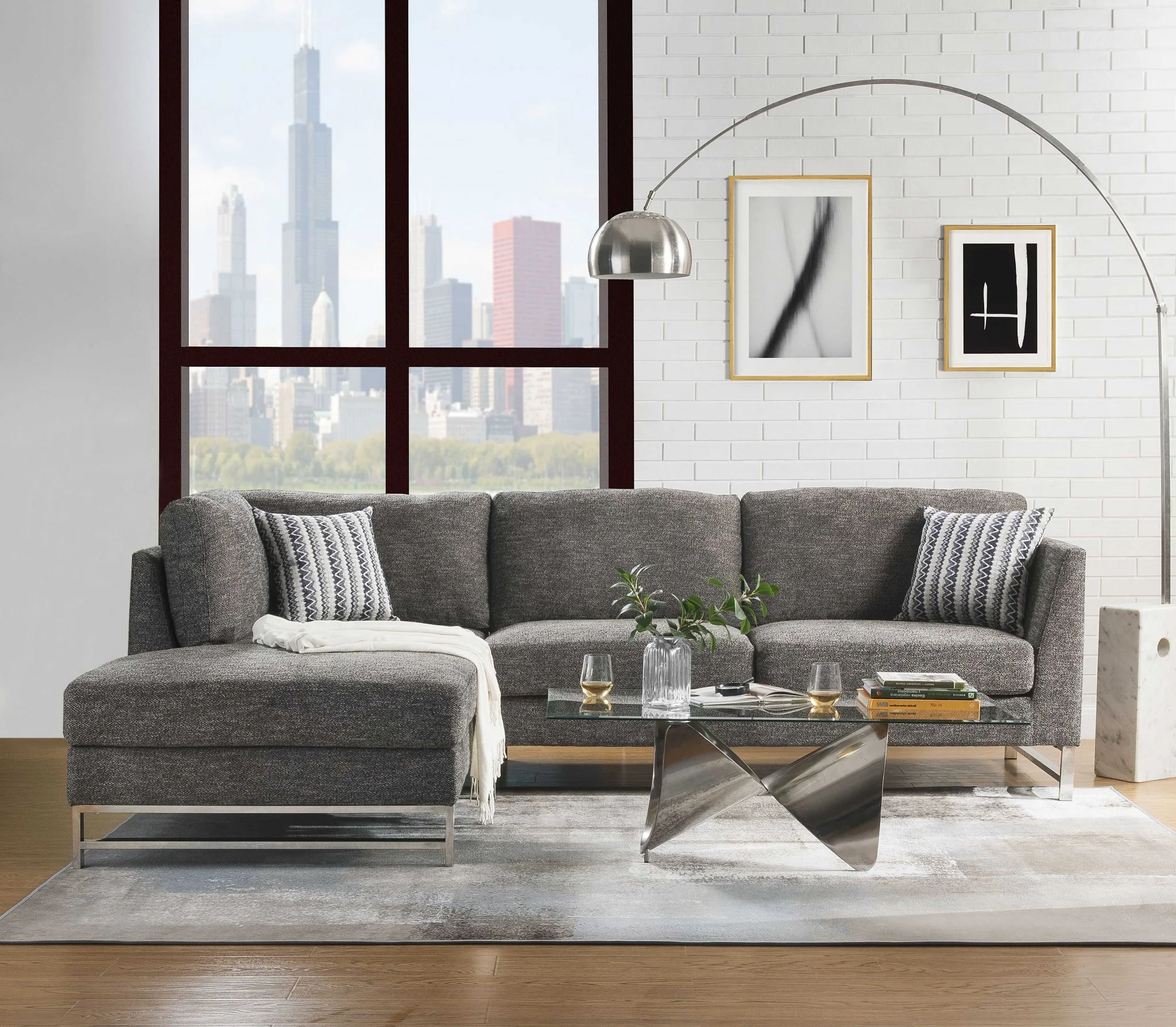 Gray Linen Upholstery Metal Leg Sectional Sofa By Homeroots - Image 2