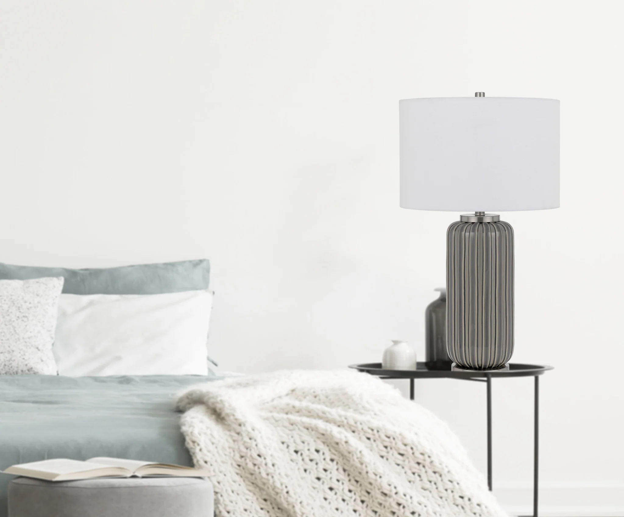 Gray Metal Cylinder Table Lamp With White Drum Shade By Homeroots - Image 2