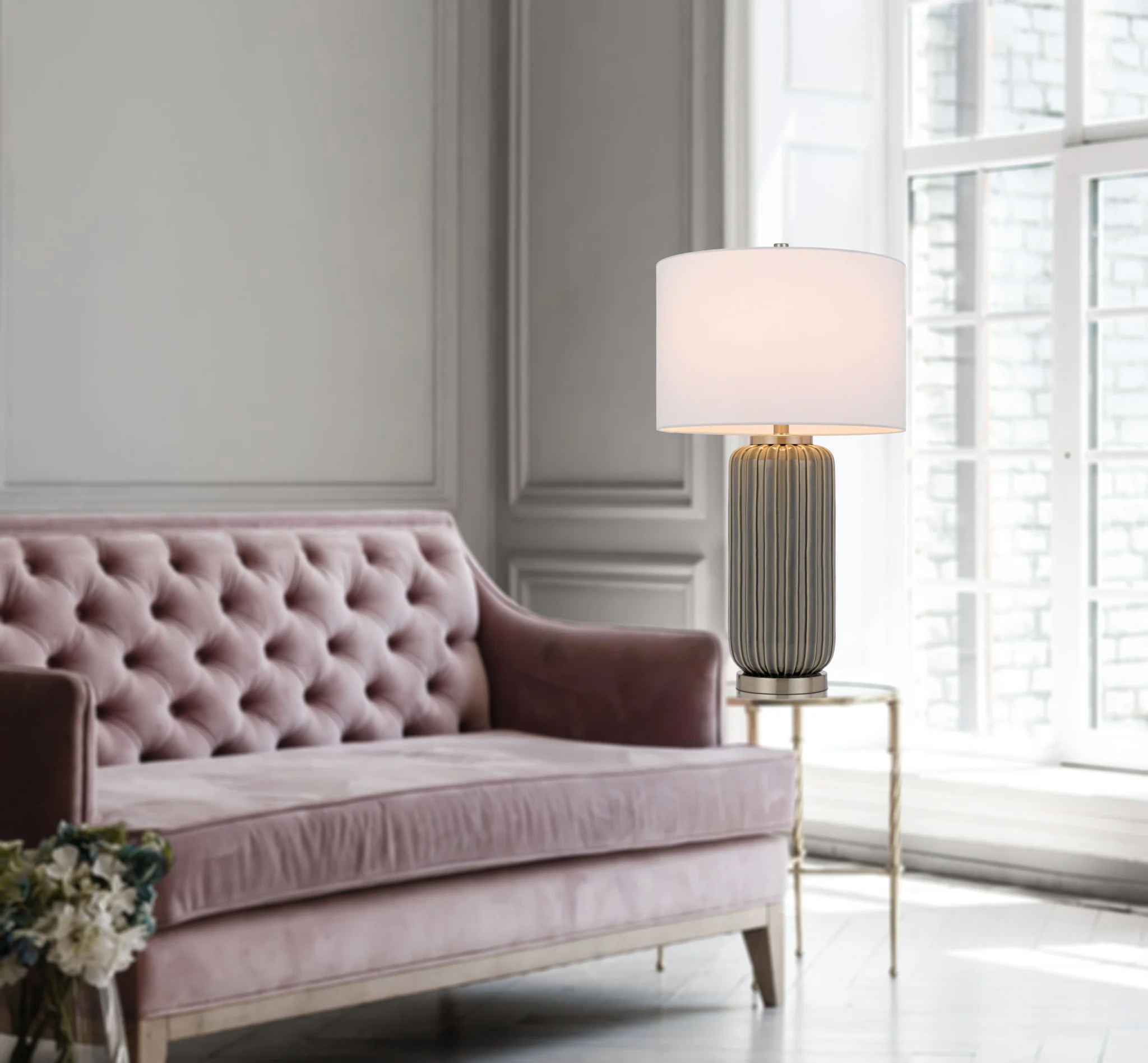 Gray Metal Cylinder Table Lamp With White Drum Shade By Homeroots - Image 3