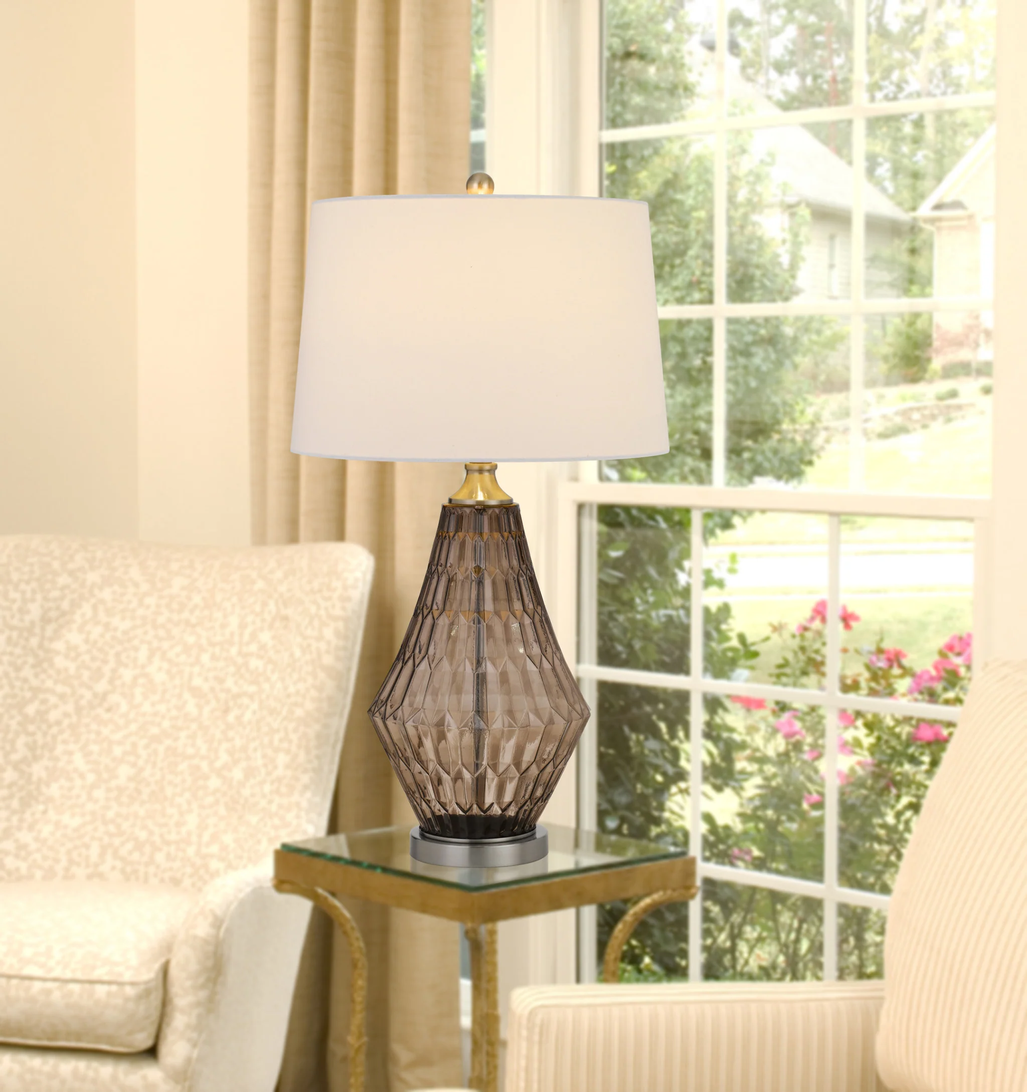 Gray Metal Geometric Table Lamp With Off White Empire Shade By Homeroots - Image 2