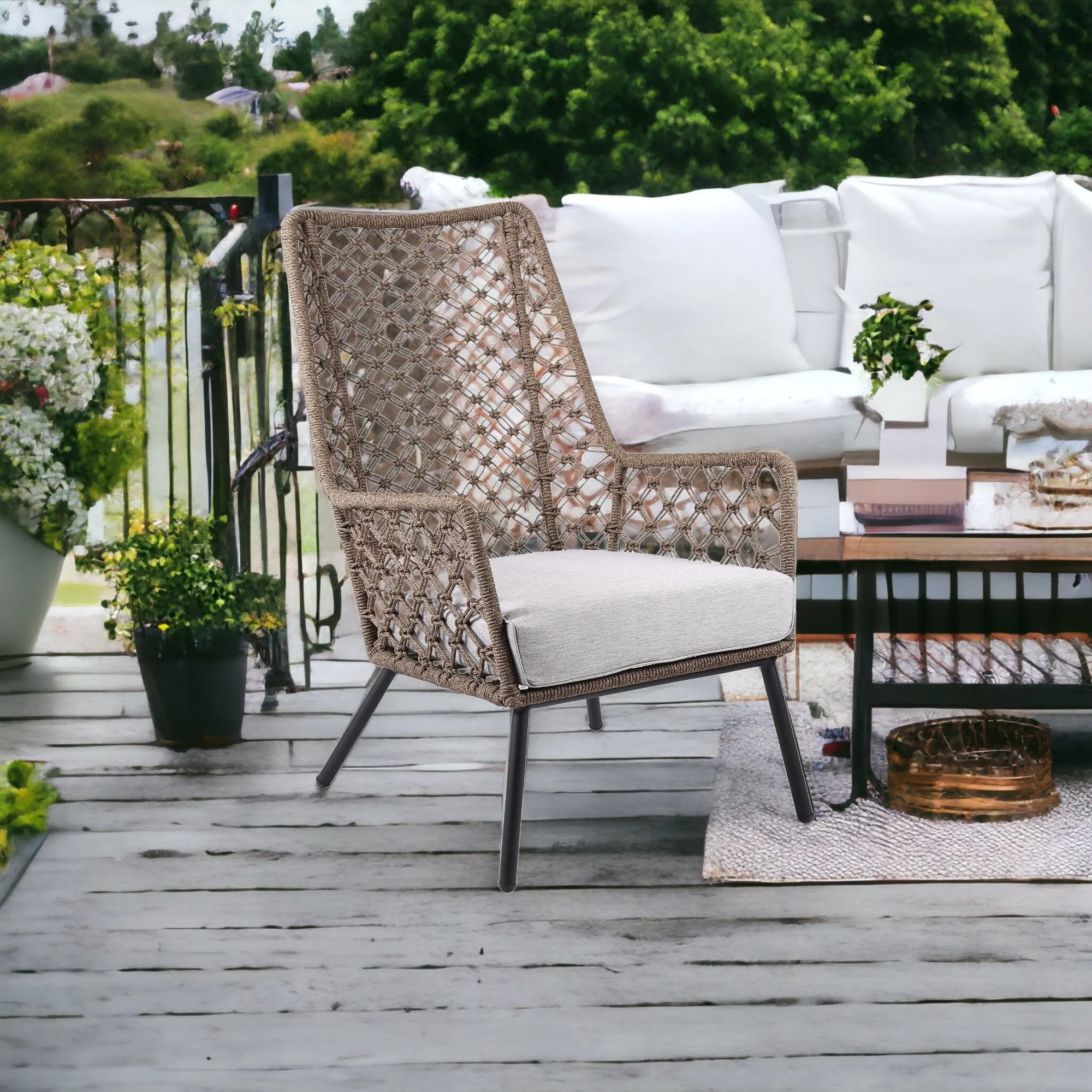 Gray Metal Outdoor Arm Chair with Gray Cushion By Homeroots - Image 2