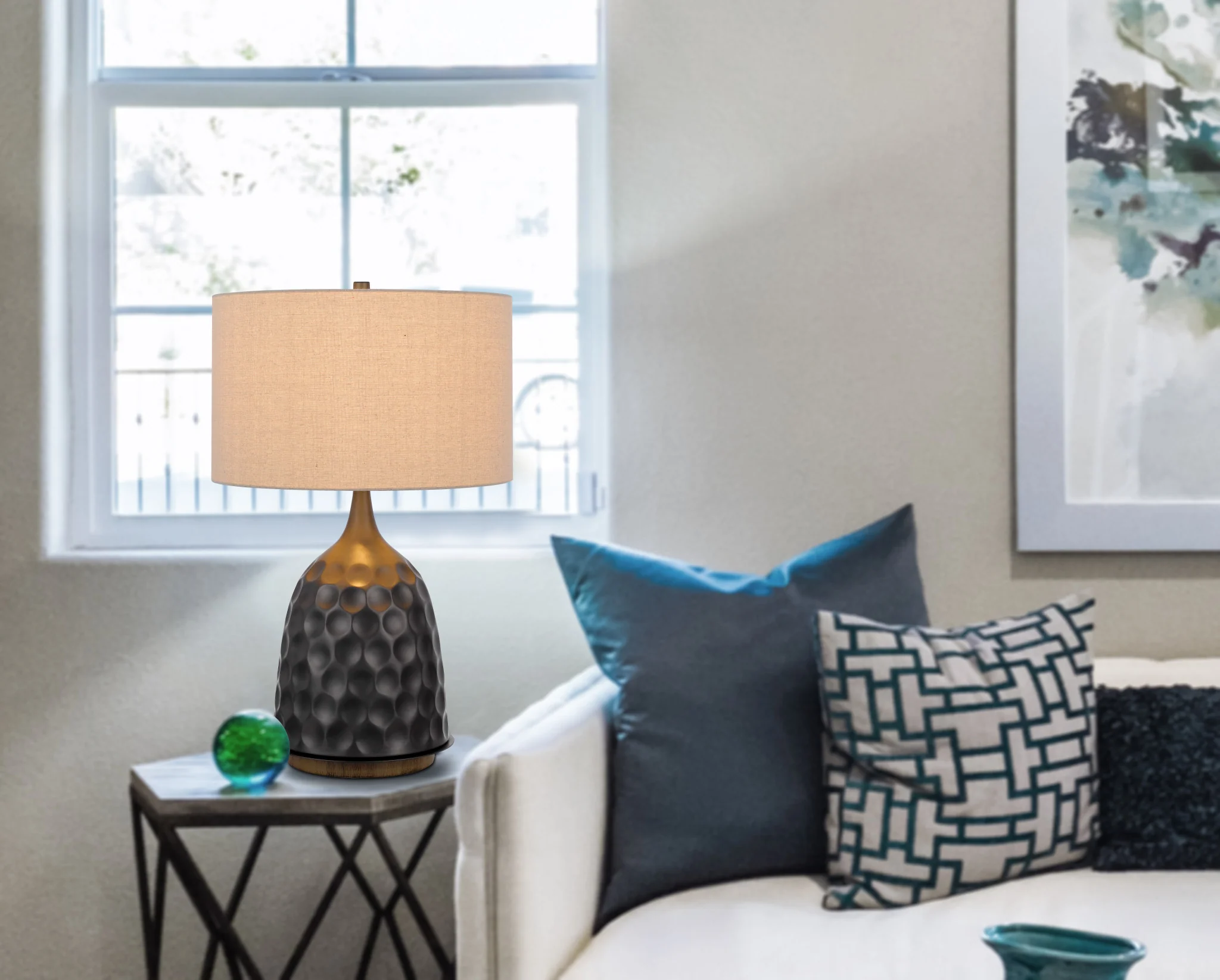 Gray Metal Table Lamp With Brown Drum Shade By Homeroots - Image 3