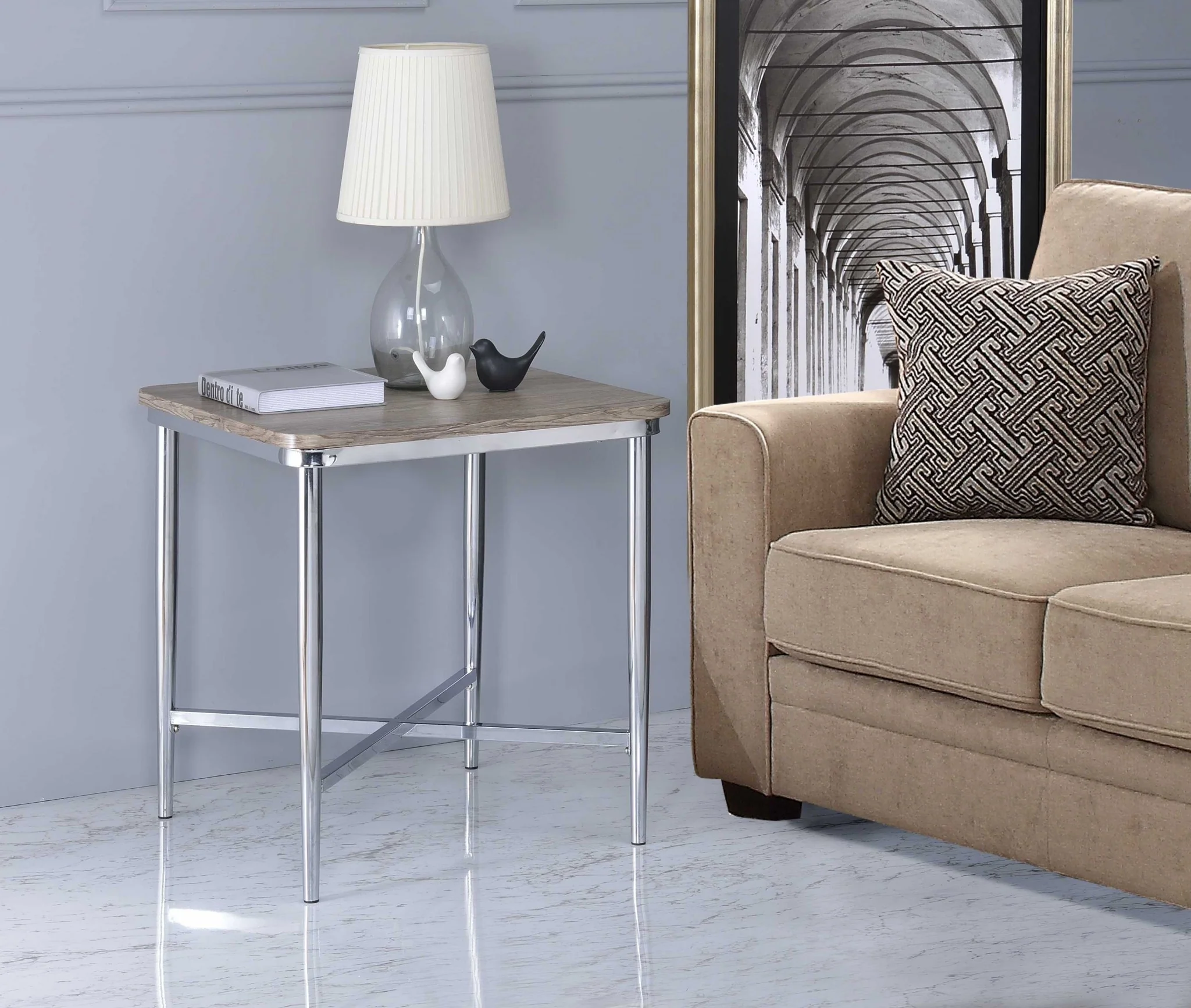 Gray Oak And Chrome Metal Tube End Table By Homeroots - Image 6