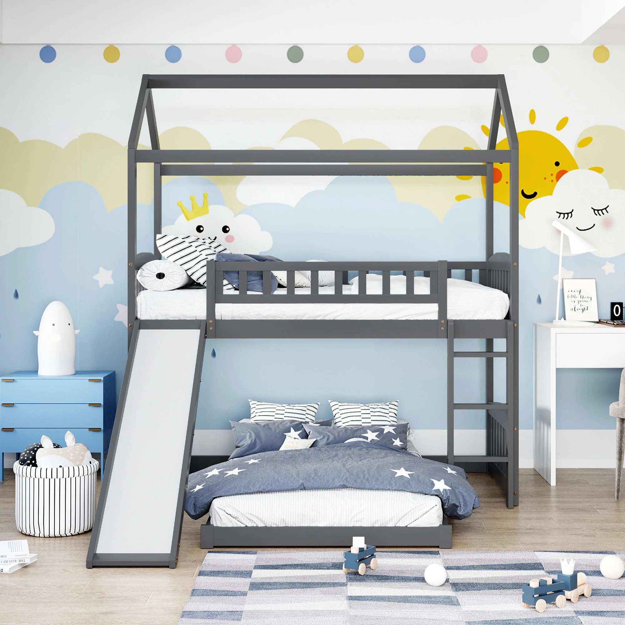 Gray Playhouse Frame Full Over Full Perpendicular Bunk Bed With Slide By Homeroots - Image 2
