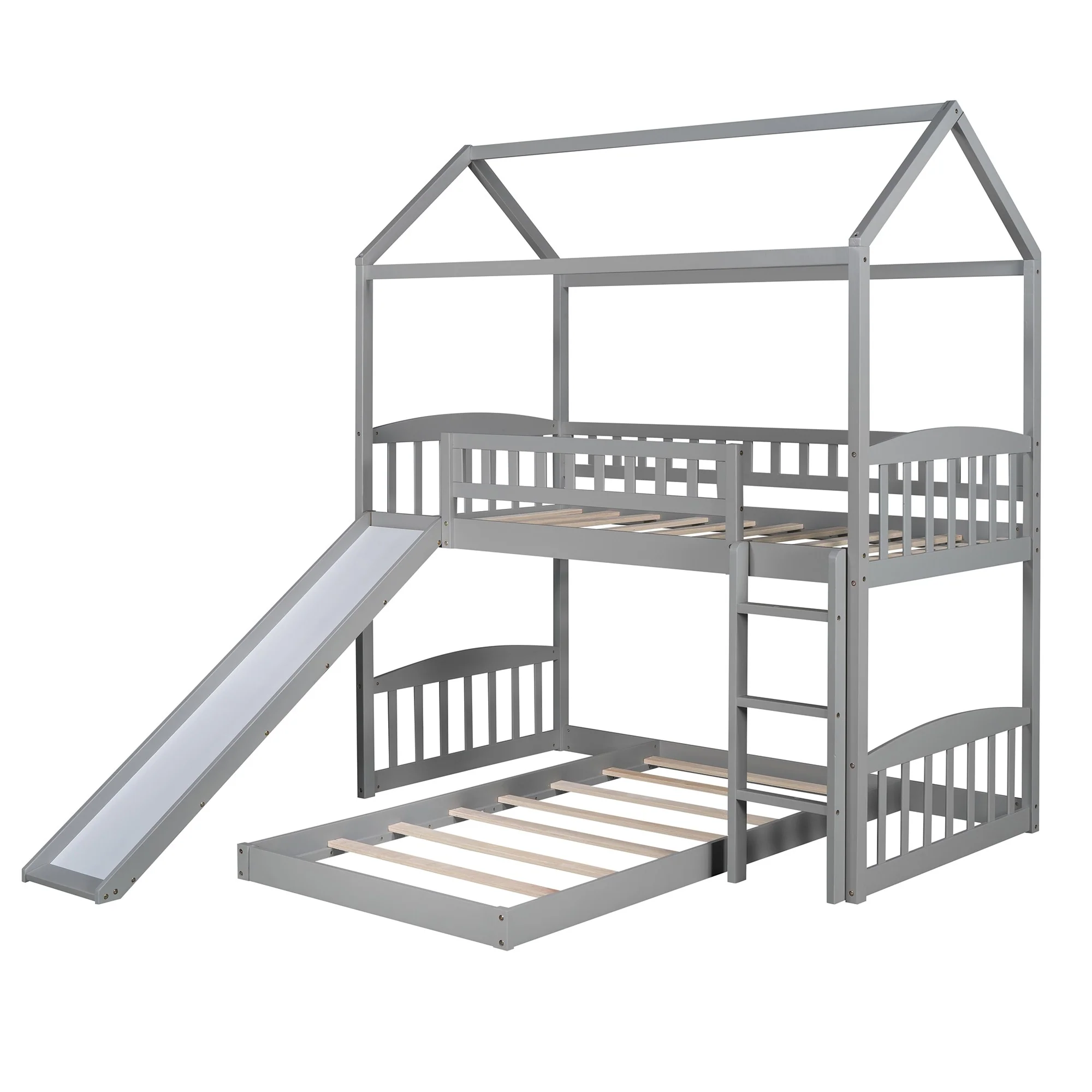 Gray Playhouse Frame Full Over Full Perpendicular Bunk Bed With Slide By Homeroots - Image 3
