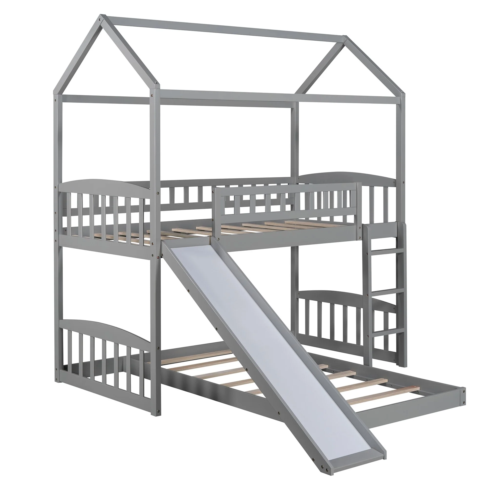 Gray Playhouse Frame Full Over Full Perpendicular Bunk Bed With Slide By Homeroots - Image 4