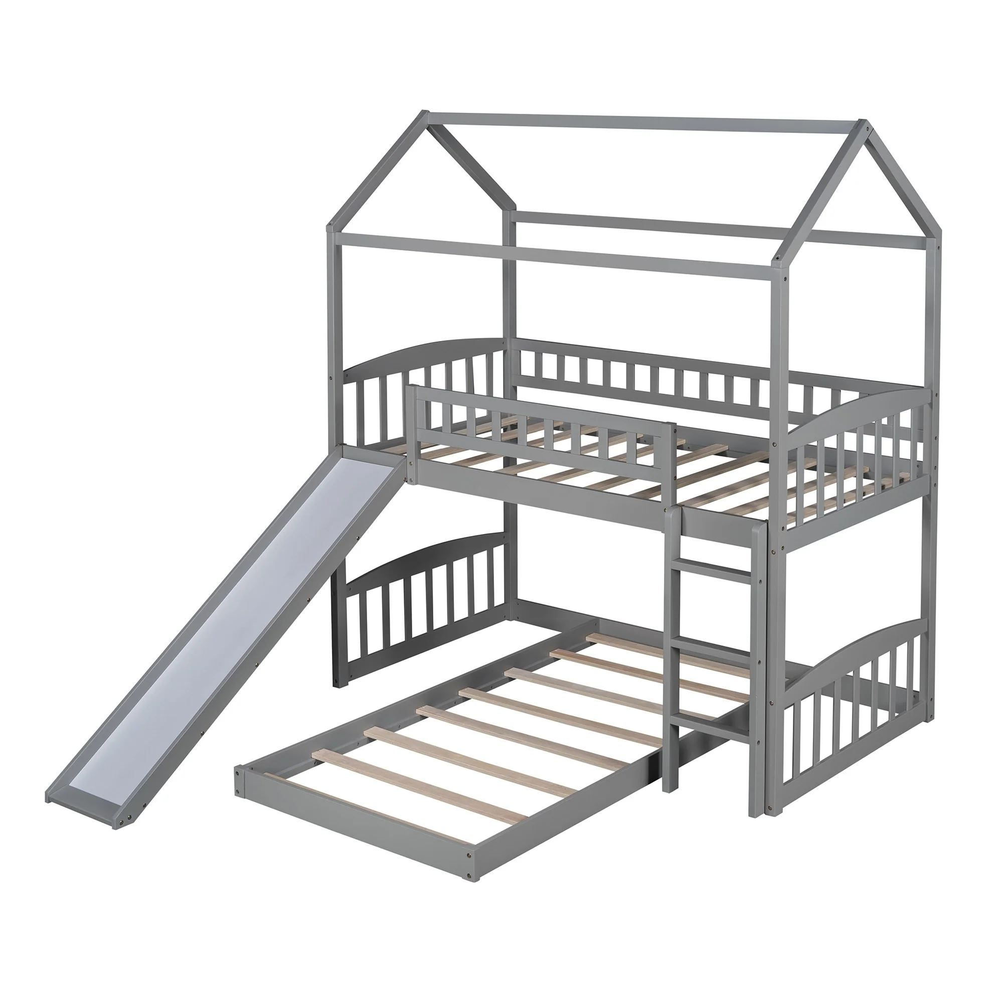 Gray Playhouse Frame Full Over Full Perpendicular Bunk Bed With Slide By Homeroots - Image 6