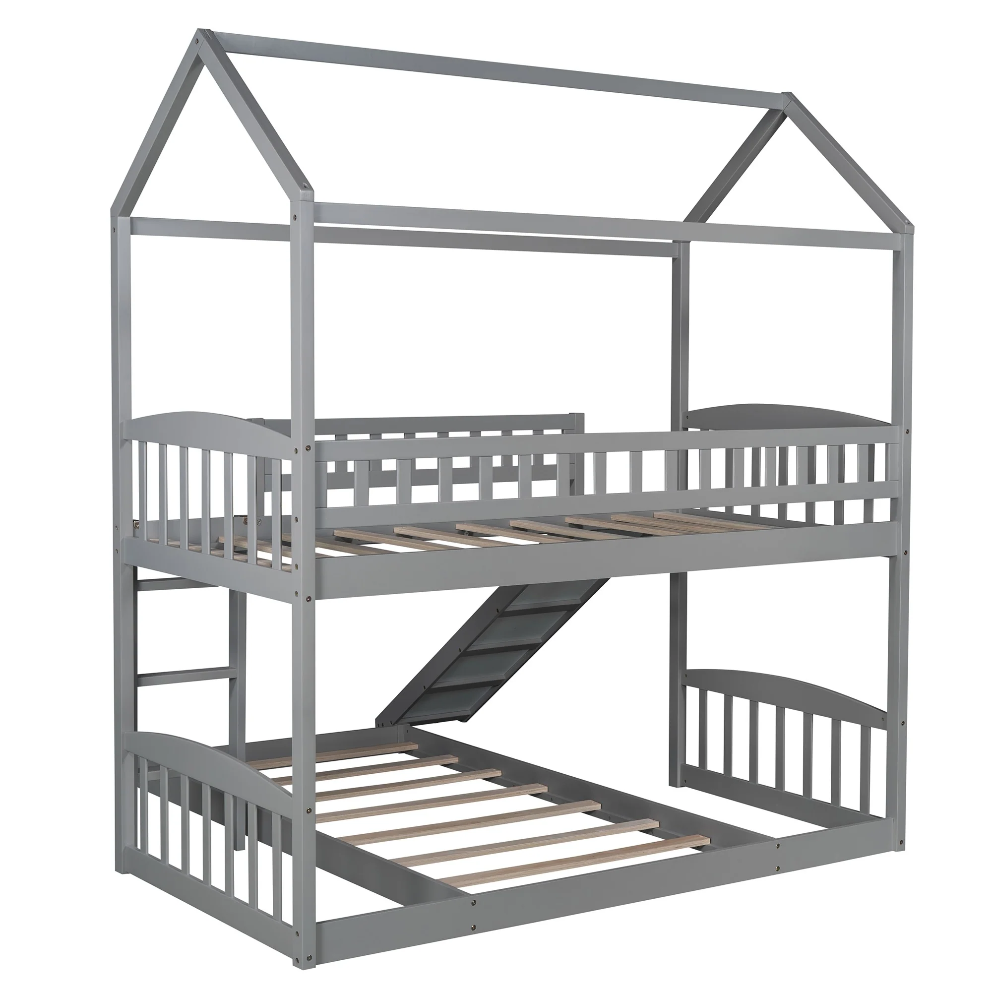 Gray Playhouse Frame Full Over Full Perpendicular Bunk Bed With Slide By Homeroots - Image 7