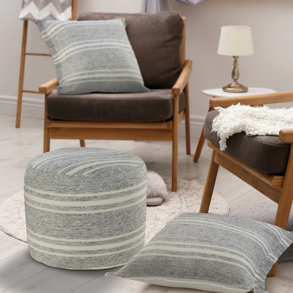 Gray Polyester Round Striped Indoor Outdoor Pouf Ottoman By Homeroots - Image 7