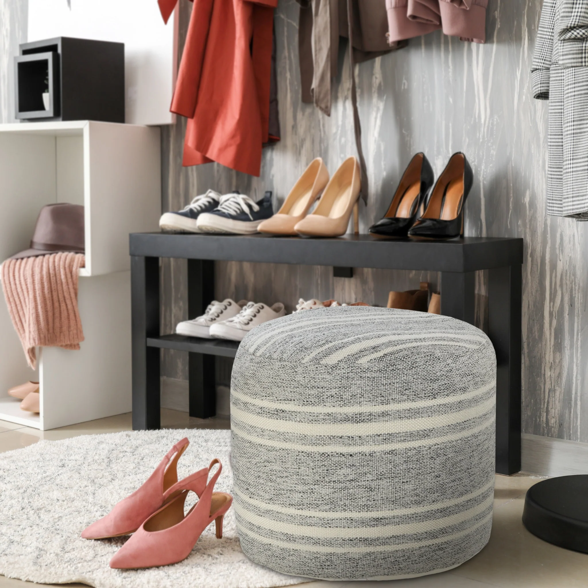 Gray Polyester Round Striped Indoor Outdoor Pouf Ottoman By Homeroots - Image 8