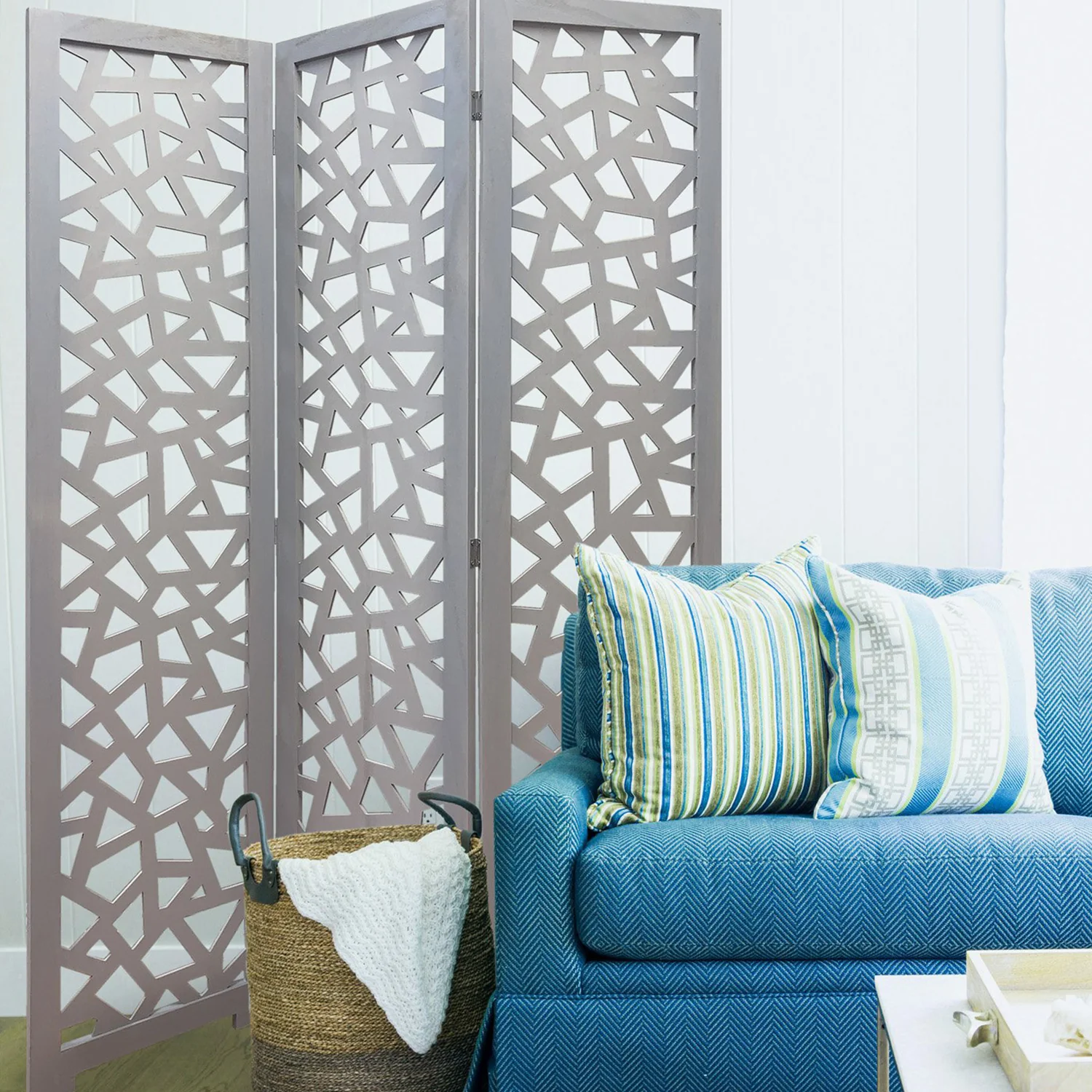Gray Solid Wood Folding Three Panel Screen Room Divider By Homeroots - Image 5