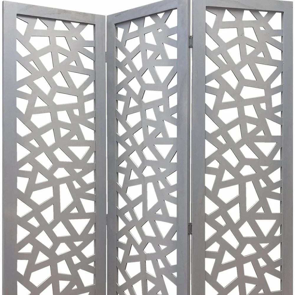 Gray Solid Wood Folding Three Panel Screen Room Divider By Homeroots - Image 8