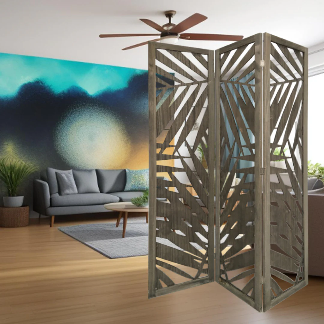 Gray Solid WoodFolding Three Panel Screen Room Divider By Homeroots - Image 2