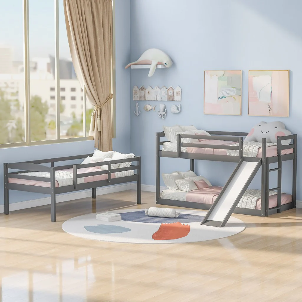 Gray Triple Bunk Twin Sized Bed With Slide By Homeroots - Image 2
