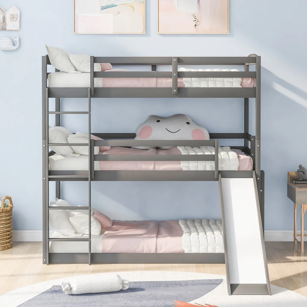 Gray Triple Bunk Twin Sized Bed With Slide By Homeroots - Image 3
