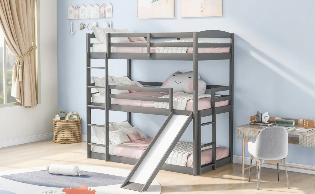 Gray Triple Bunk Twin Sized Bed With Slide By Homeroots - Image 4