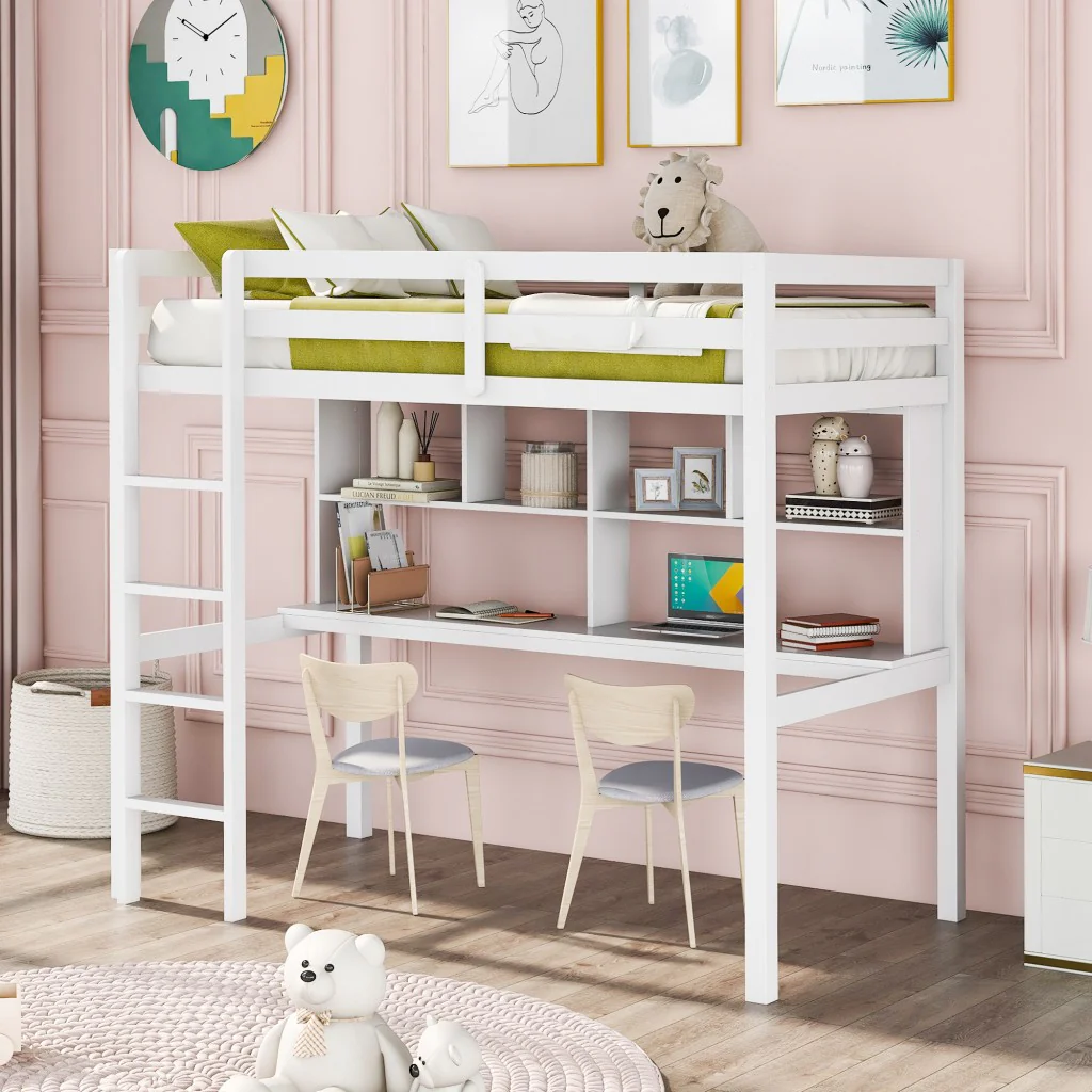 Gray Twin Loft Bed With Desk And Shelves By Homeroots - Image 10