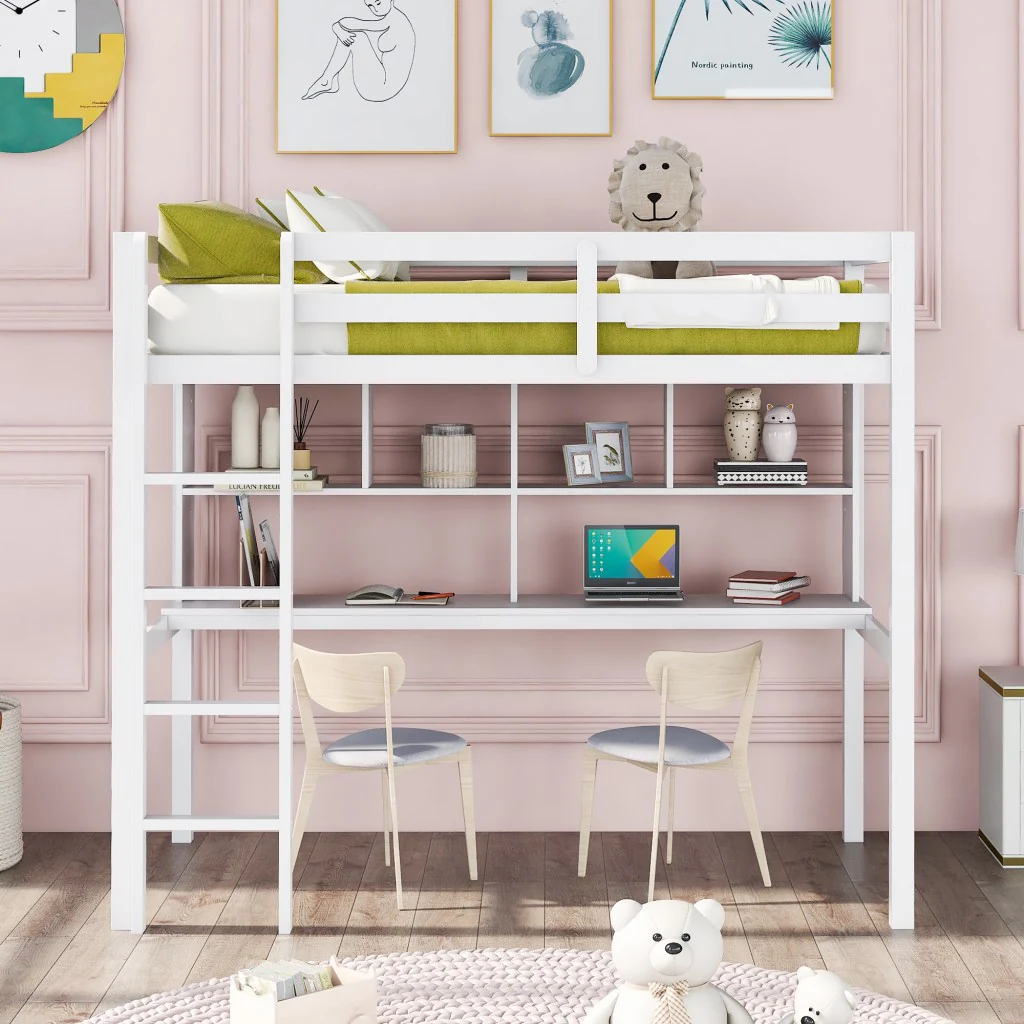 Gray Twin Loft Bed With Desk And Shelves By Homeroots - Image 11