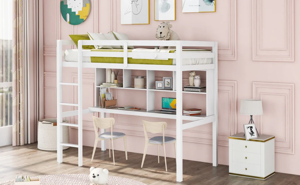 Gray Twin Loft Bed With Desk And Shelves By Homeroots - Image 12