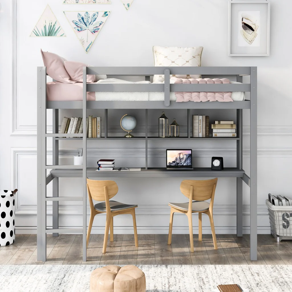 Gray Twin Loft Bed With Desk And Shelves By Homeroots - Image 2