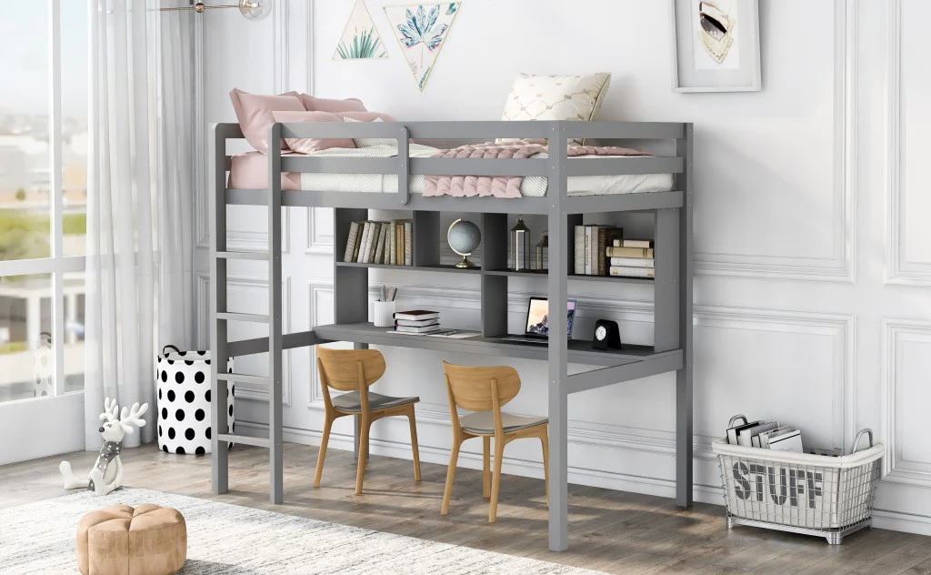 Gray Twin Loft Bed With Desk And Shelves By Homeroots - Image 3